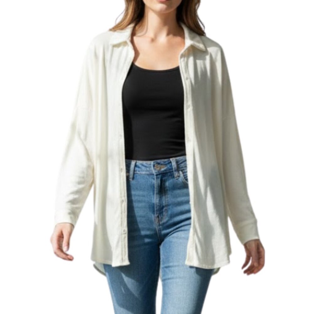 Lanston Women’s Button Down Top Ivory Soft Knit Long Sleeve Lightweight – Size S